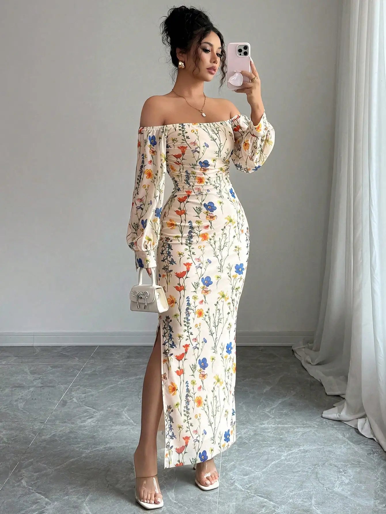 Off Shoulder Floral Print Long Sleeve Maxi Dress With Side Slit