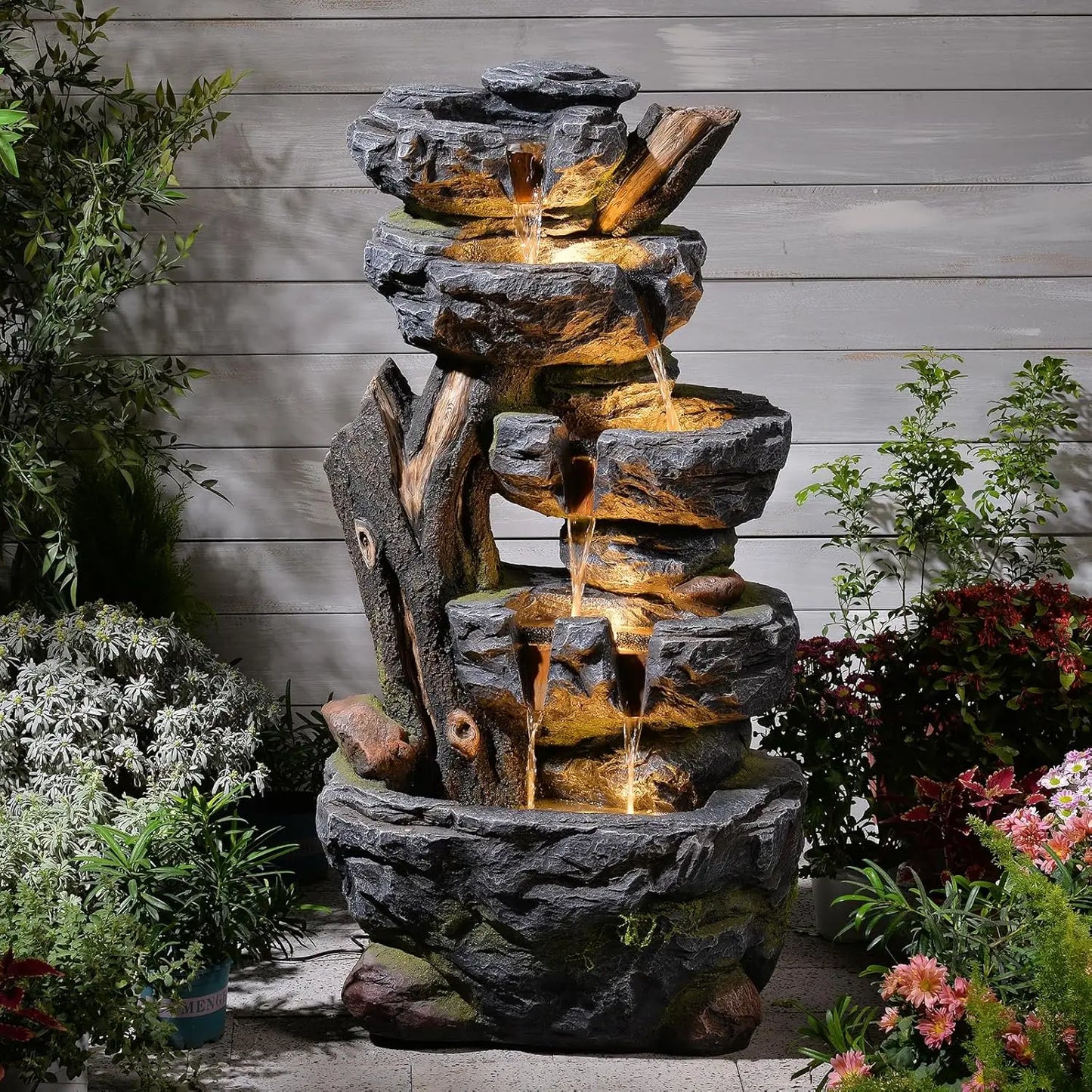 Large Water Fountain Outdoor - 5 Tiers Cascade Floor Standing Rock Wood Like Waterfall Fountain with LED Lights, Custom