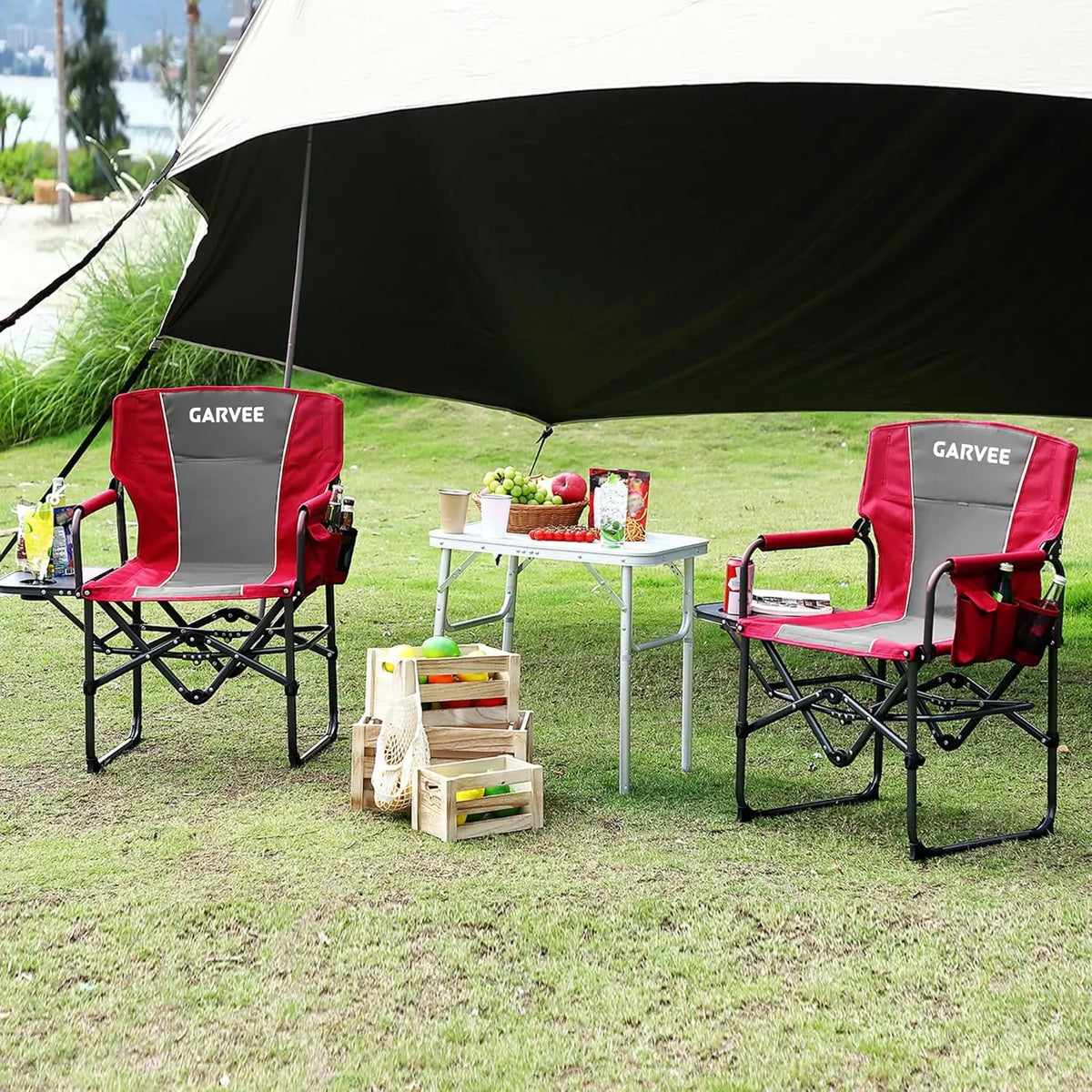 2 Pack Oversized Camping Directors Chair, Heavy Duty Portable Folding Lawn Chair with Side Table & Storage Pocket, Outdoor Foldable Camp Chair for Adults, Beach, Fishing, Picnic
