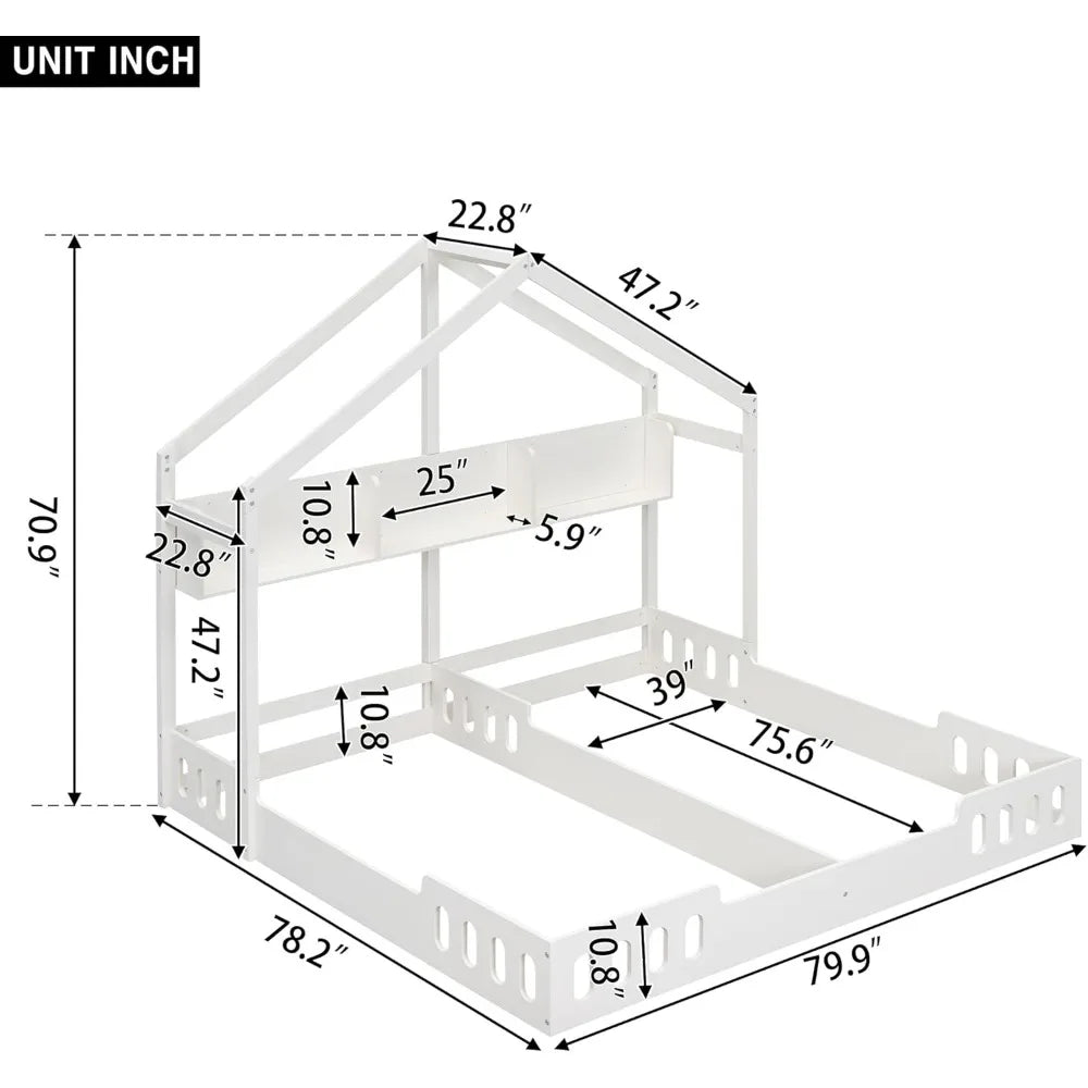 P PURLOVE Twin House Bed for 2 Kids,Double Twin Size Shared Beds with Fence Railings,House Montessori Floor Bed Frame Twin Size