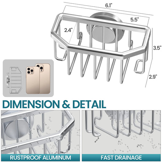 TAILI Sponge Holder for Kitchen Sink with Strong Suction Cup Removable, Rustproof Aluminum Sink Caddy for Sponge, Brush