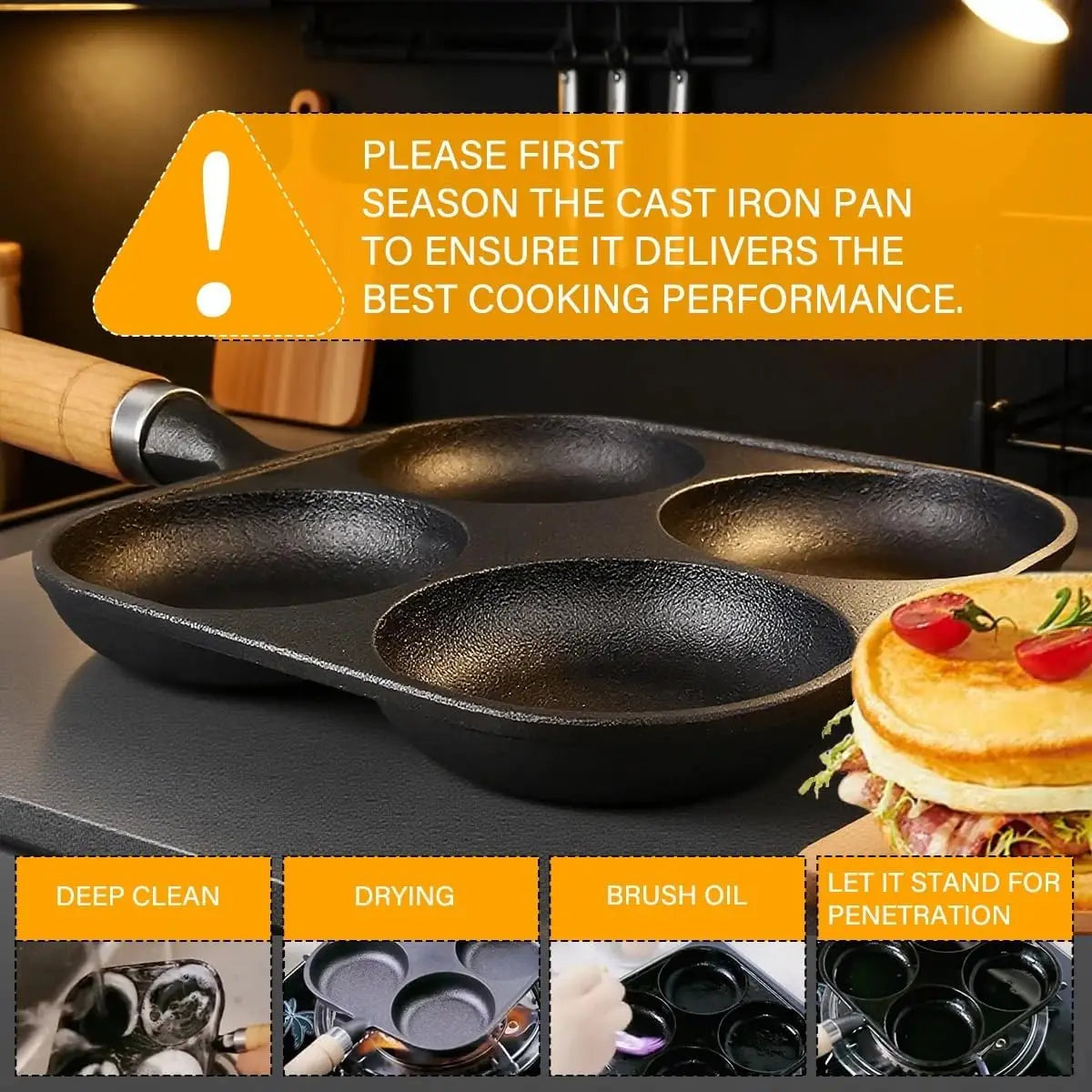 4-Cup Cast Iron Egg Pan, 4 Hole Frying Pan for Eggs & Pancakes, Works on Gas & Induction Stovetops