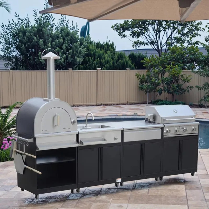 Custom 304 Stainless Steel Movable Modular Outdoor Kitchen BBQ Island Fireproof Cabinet Set With Drawers Hot Sale For Catering