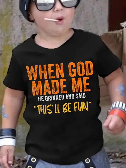 Boys Fashion Short Sleeve T-Shirt-Funny Letter Print "When God Made Me" Design, Comfortable Casual Summer Top for Young People, Teen Boys Clothing