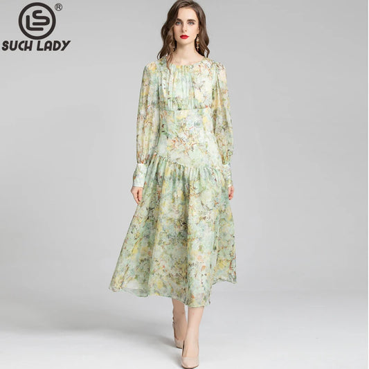 Women's Runway Dresses O Neck Long Sleeves Printed Drop Waist Elegant Fashion Designer Dress Vestidos