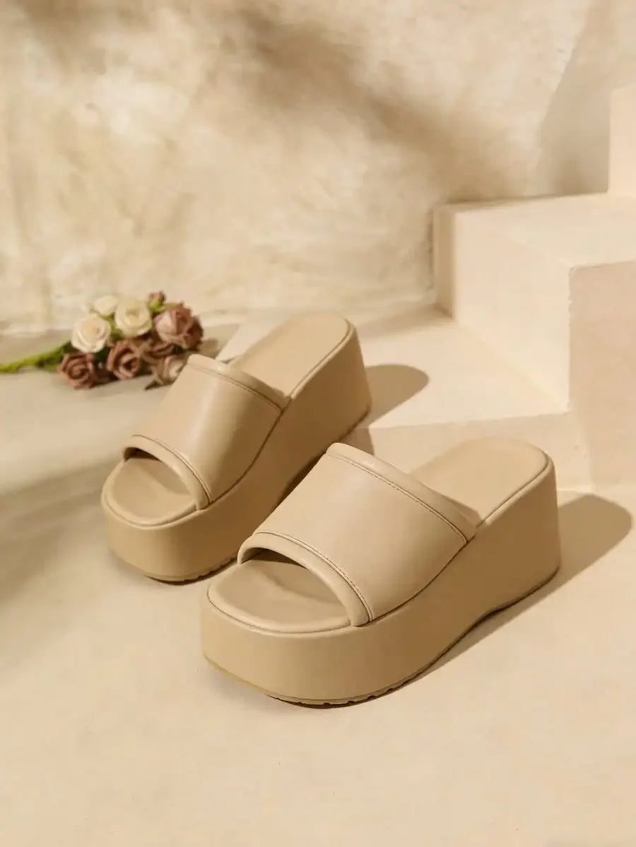 Womens Beige Platform Wedge Sandals Slip-On Casual Open-Toe Thick Sole
