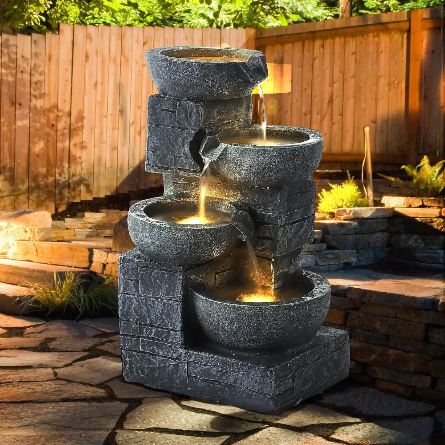 Outdoor Water Fountains with Cascading Bowls, 4-Tiers Fountains and Waterfalls w/LED Lights,Indoor Morden Floor Standing Resin W