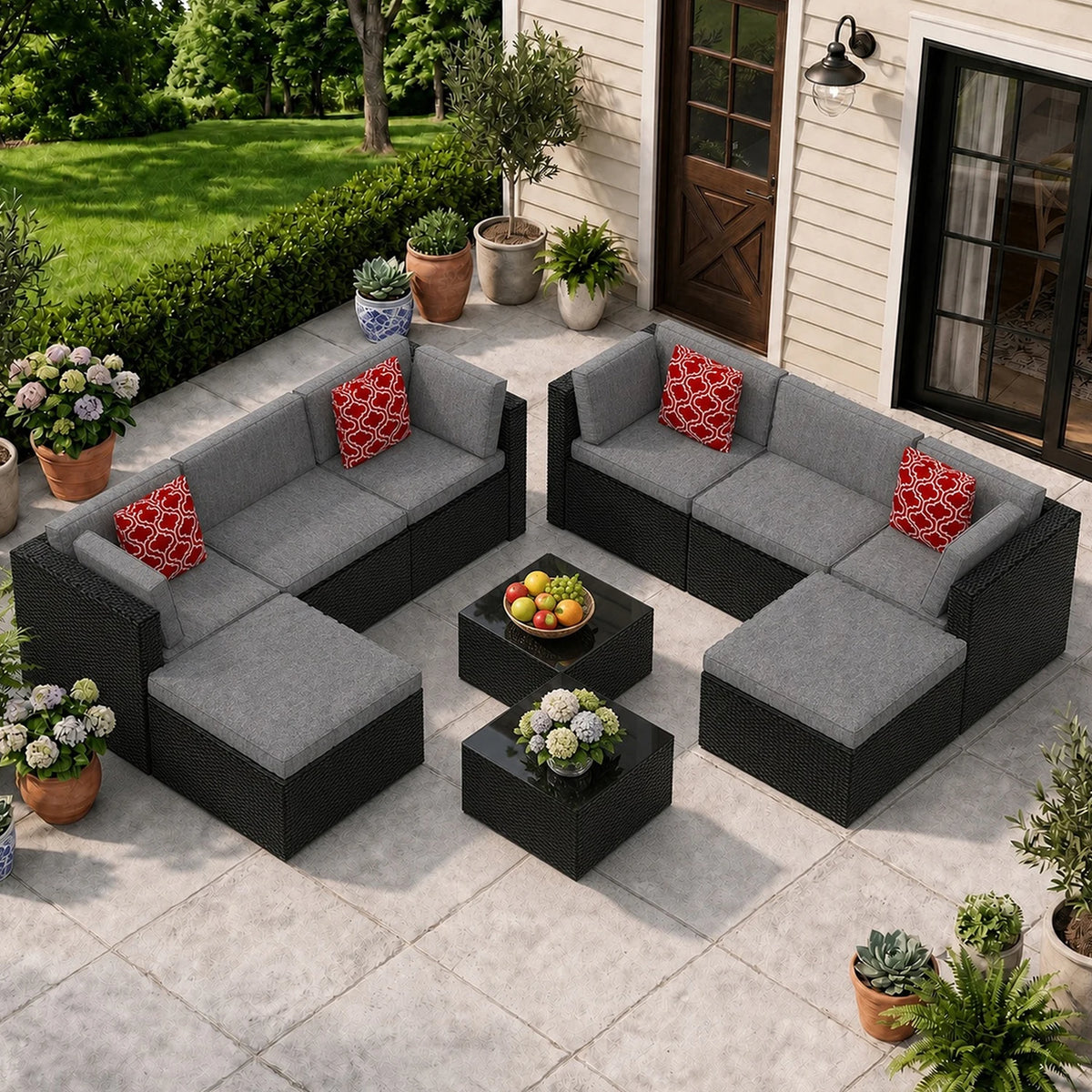 10/9 Piece Modular PE Wicker Patio Conversation Set, Outdoor Sectional Sofa with Removable Thick Cushions, Glass Top Coffee Side Tables, All Weather Rattan Furniture for Backyard Poolside Garden Deck