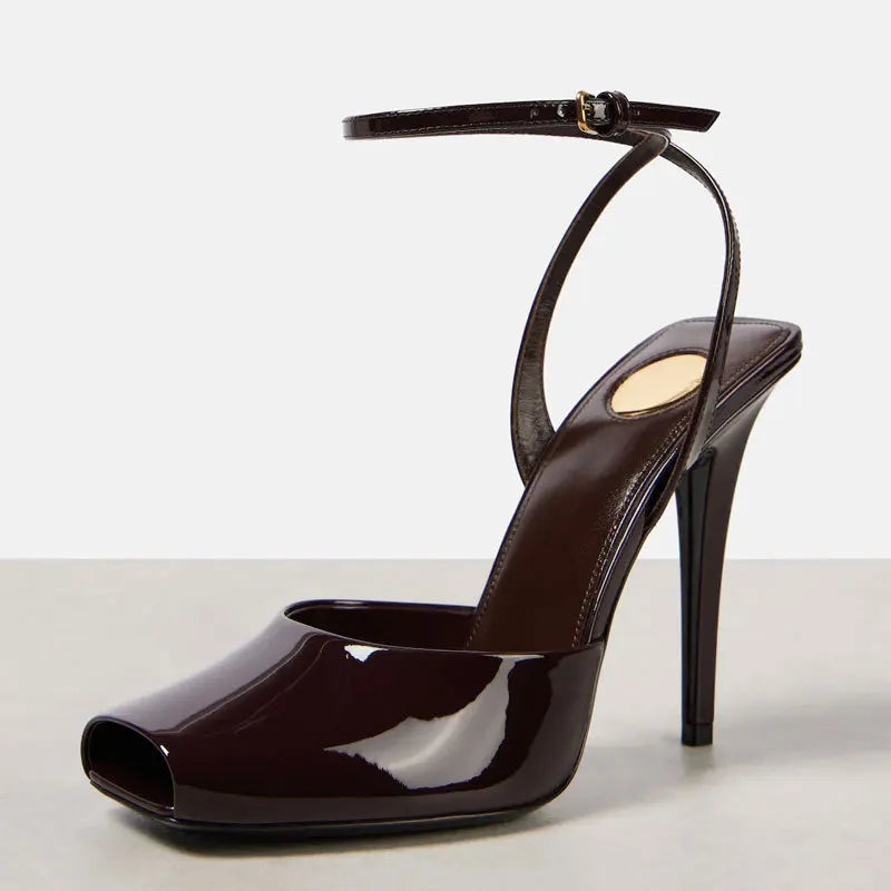 2025 New Square Toe Small Fish Mouth Straight Buckle with Slim High-heeled Fashion Patent Leather Sandals with Straps for Women