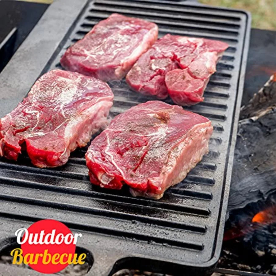 Pre-seasoned 17x9.8" Cast Iron Reversible Griddle Grill Pan with handles for Gas Stovetop Open Fire Oven One tray Scrapers Incl