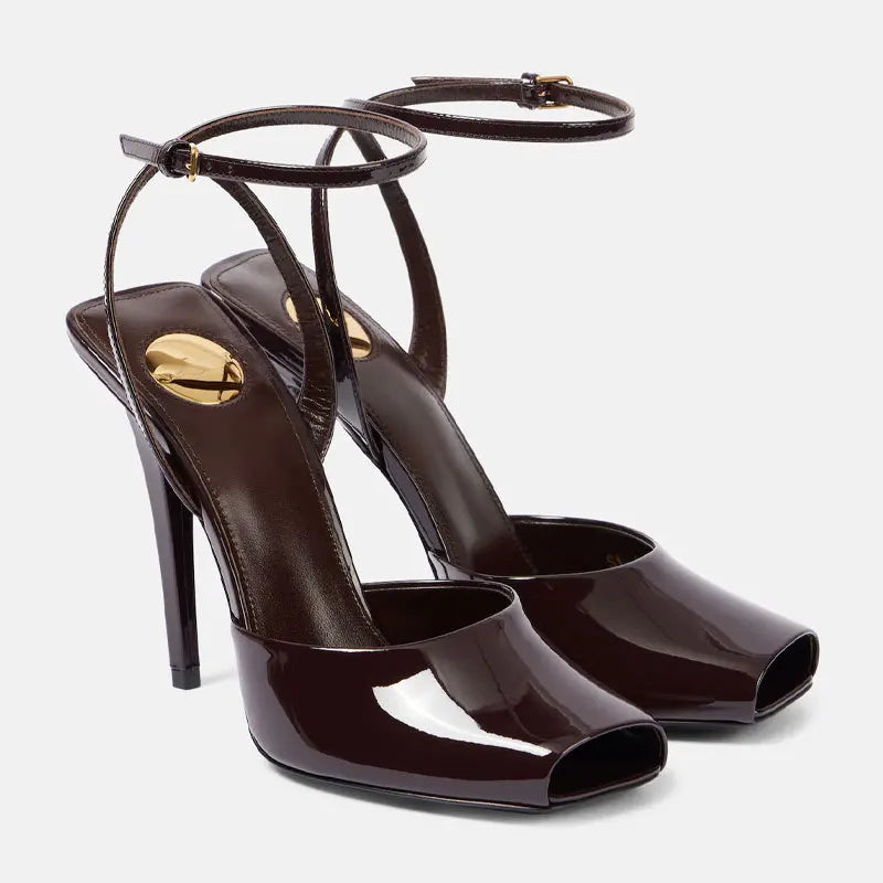 2025 New Square Toe Small Fish Mouth Straight Buckle with Slim High-heeled Fashion Patent Leather Sandals with Straps for Women