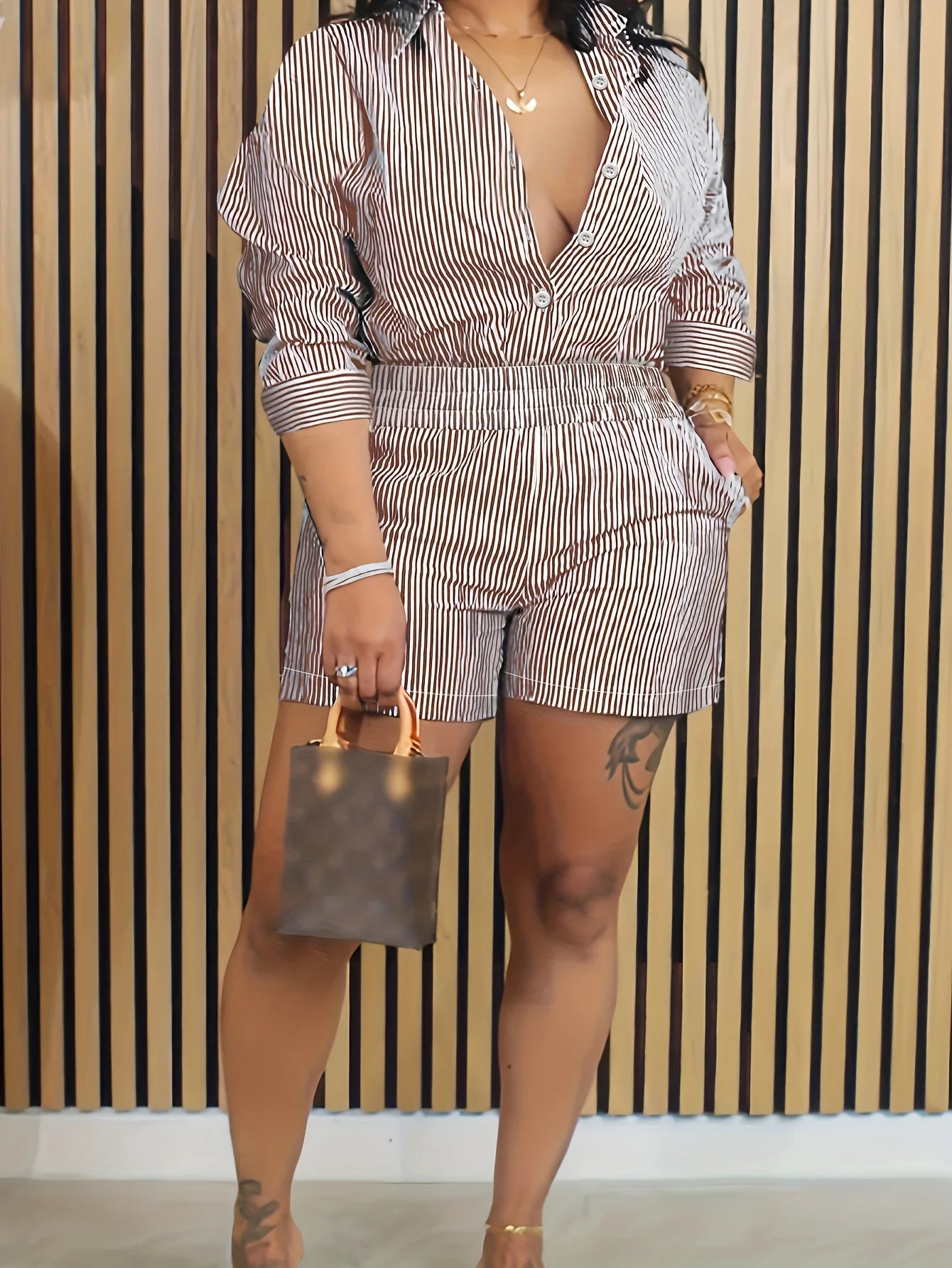 Casual Striped Patchwork Lapel Long-sleeved Two-piece Suit