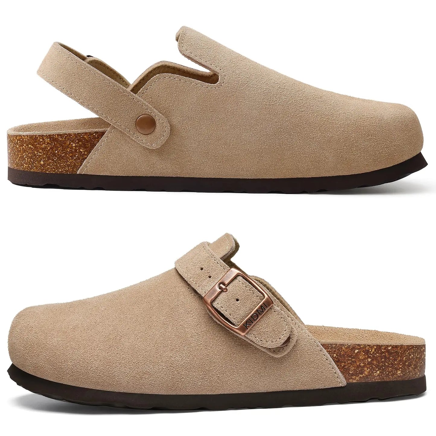 Bebealy Women's Genuine Clogs with Adjustable Strap Fashion Slip On Potato Shoes Cork Footbed Leather Mules With Arch Support