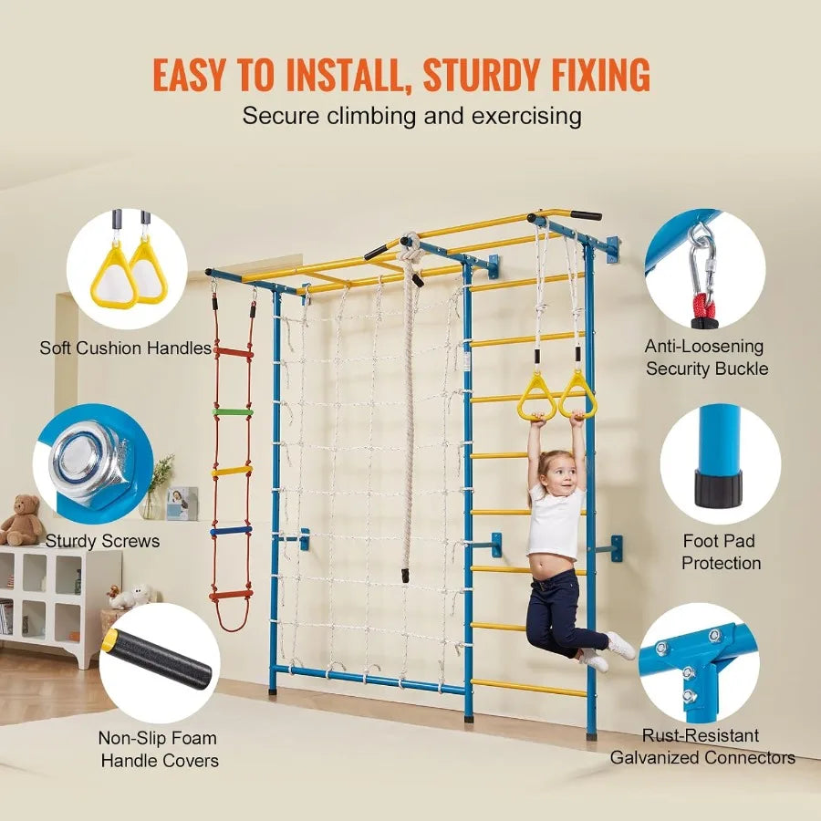 Indoor Jungle Gym for Toddlers 7in1 Climbing Playset with Carbon Steel Swedish Ladder Wall Ladder PullUp Bar Rope Ladder and Gy