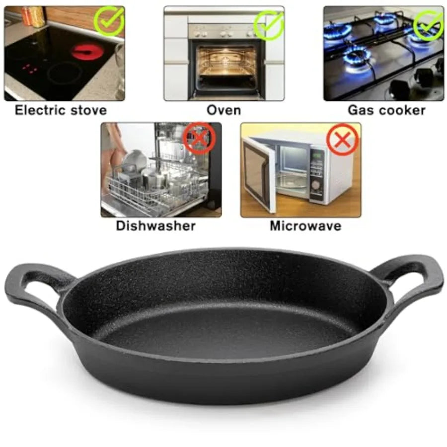 4 Pack Mini Cast Iron Fajita Skillet Set 8.5 x 6.1 Inch Sizzling Plate with Wooden Base Small Oval Casserole Dishes Cast Iron P