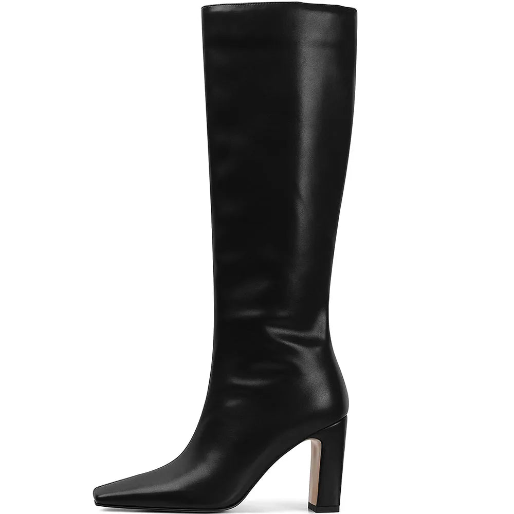 GIGIFOX Women Chunky High Heel Boots Square Toe Pull-on Side Zipper Knee High Shoes Elegant Fashion Dress Party Boots For Woman