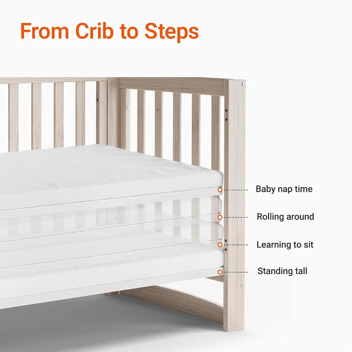 11-in-1 Convertible Baby Crib With Removable Wheels, Washed Natural, 4 Mattress Heights, New Zealand Pinewood, MAMAZING