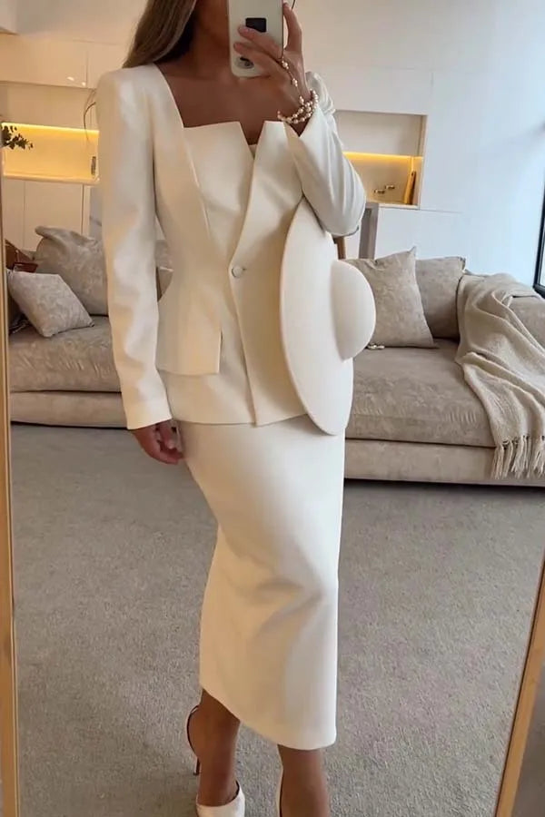 BWQ New Fashion Sexy Long Sleeve Square Neck Double Breasted Pocket Solid Color Slim Fit Suit + Skirt Set For Women,2 Colors