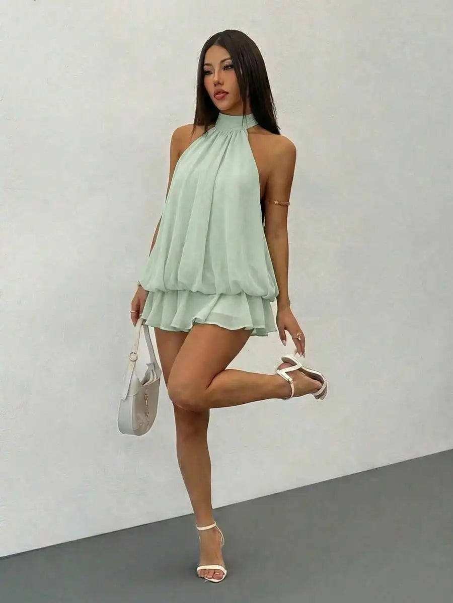 Elegant Sleeveless Halter Neck Mini Dress For Party Date Summer Autumn