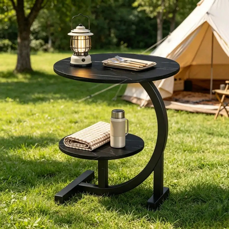 2-Tier Outdoor Patio Side Table, C-Shaped Weather Resistant Faux Marble End Table With Sturdy Metal Frame, Perfect For Garden, Backyard, Balcony, Poolside, Small Spaces, Indoor & Outdoor Use, For Camping