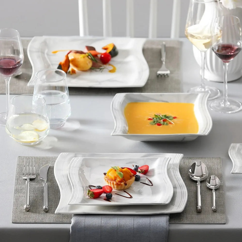 MALACASA FLORA 30PCS Marble Porcelain Dinnerware Set with 6 Piece Dinner Plate Dessert Plate Soup Plate Cups &Saucers