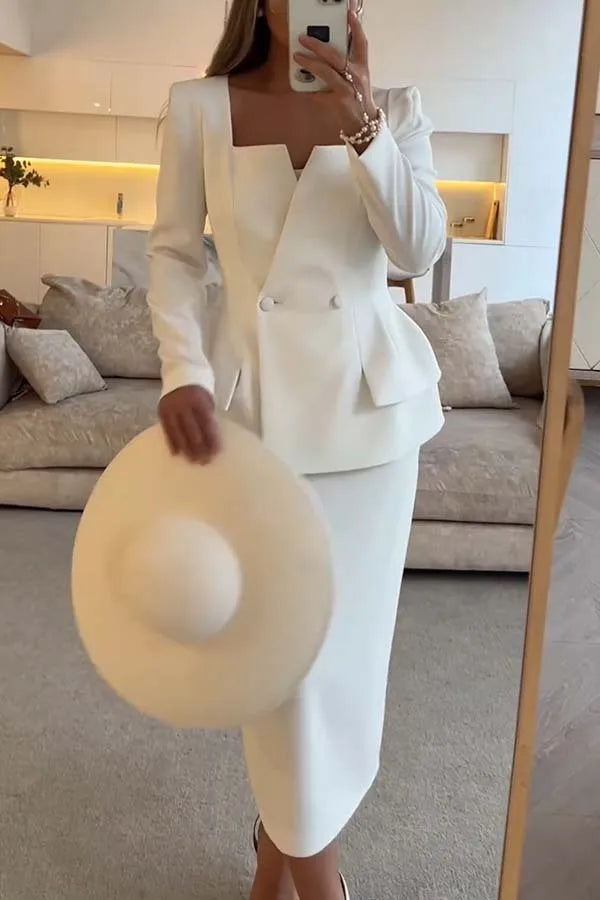 BWQ New Fashion Sexy Long Sleeve Square Neck Double Breasted Pocket Solid Color Slim Fit Suit + Skirt Set For Women,2 Colors