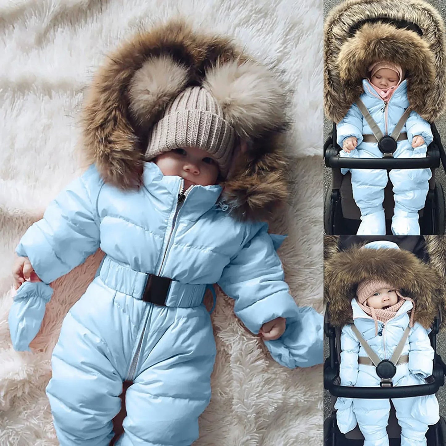 New baby winter fur collar hooded thick warm solid color cute sports zipper waist cinching jumpsuit