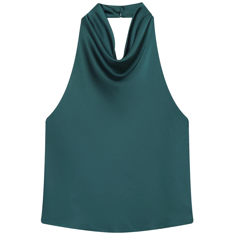 HXAO 2025 Women Satin Halter Top Summer Black Yellow Tanks & Camis Off Shoulder Crop Tank Top Fashion Sleeveless Backless Vests