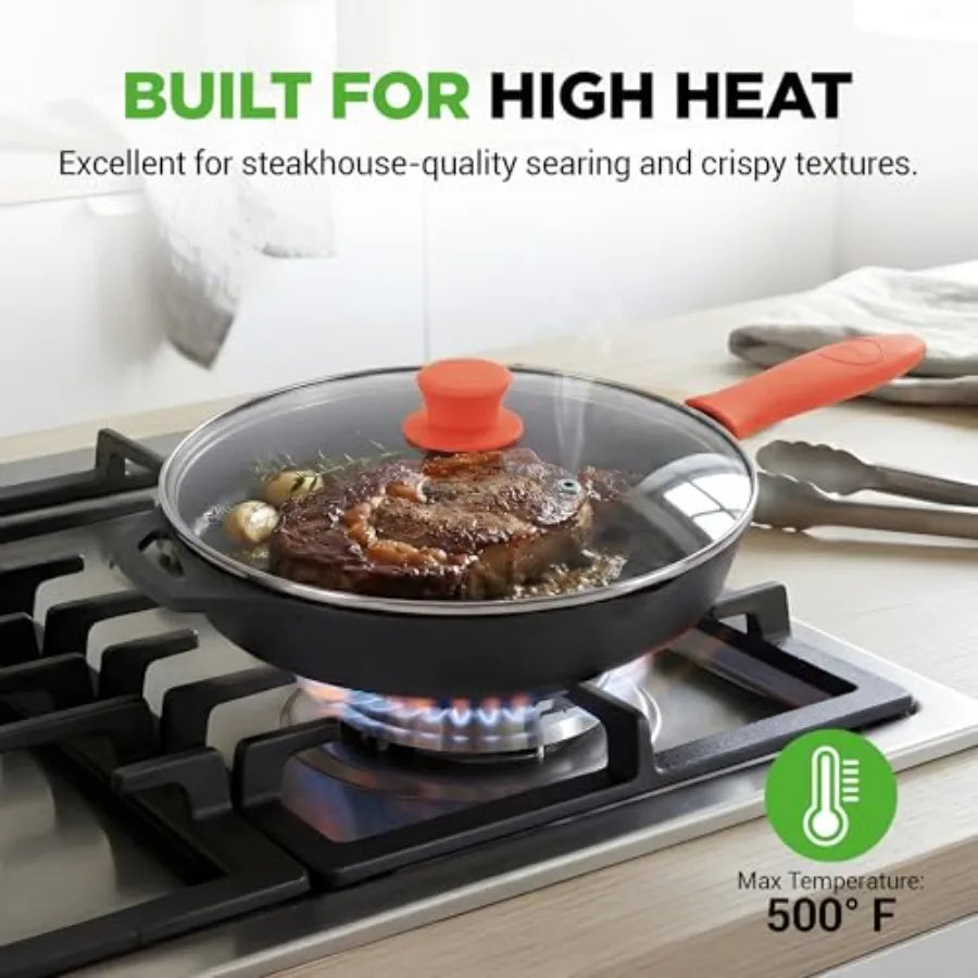 10 Inch Cast Iron Skillet with Lid - Pre-Seasoned Small Fry Pan with Side Drip Spout and Silicone Handle