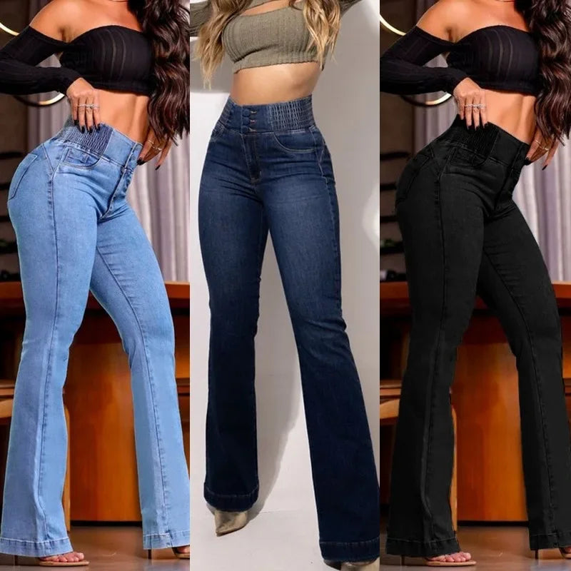 XTOCEAN High Waist Elastic Waistband Flared Jeans Women's Slim Fit Stretchy Butt Lifting Denim Trousers Cross-Border Fashion