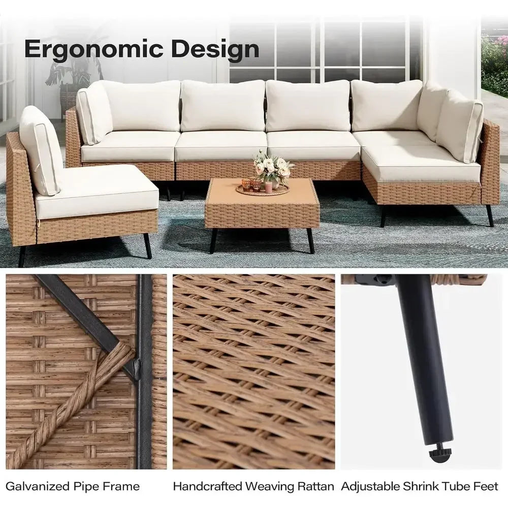 7-Piece Sectional Sofa Set with PE Rattan Wicker for Outdoor Patio, Weather-Resistant with Thick Cushions (Beige)