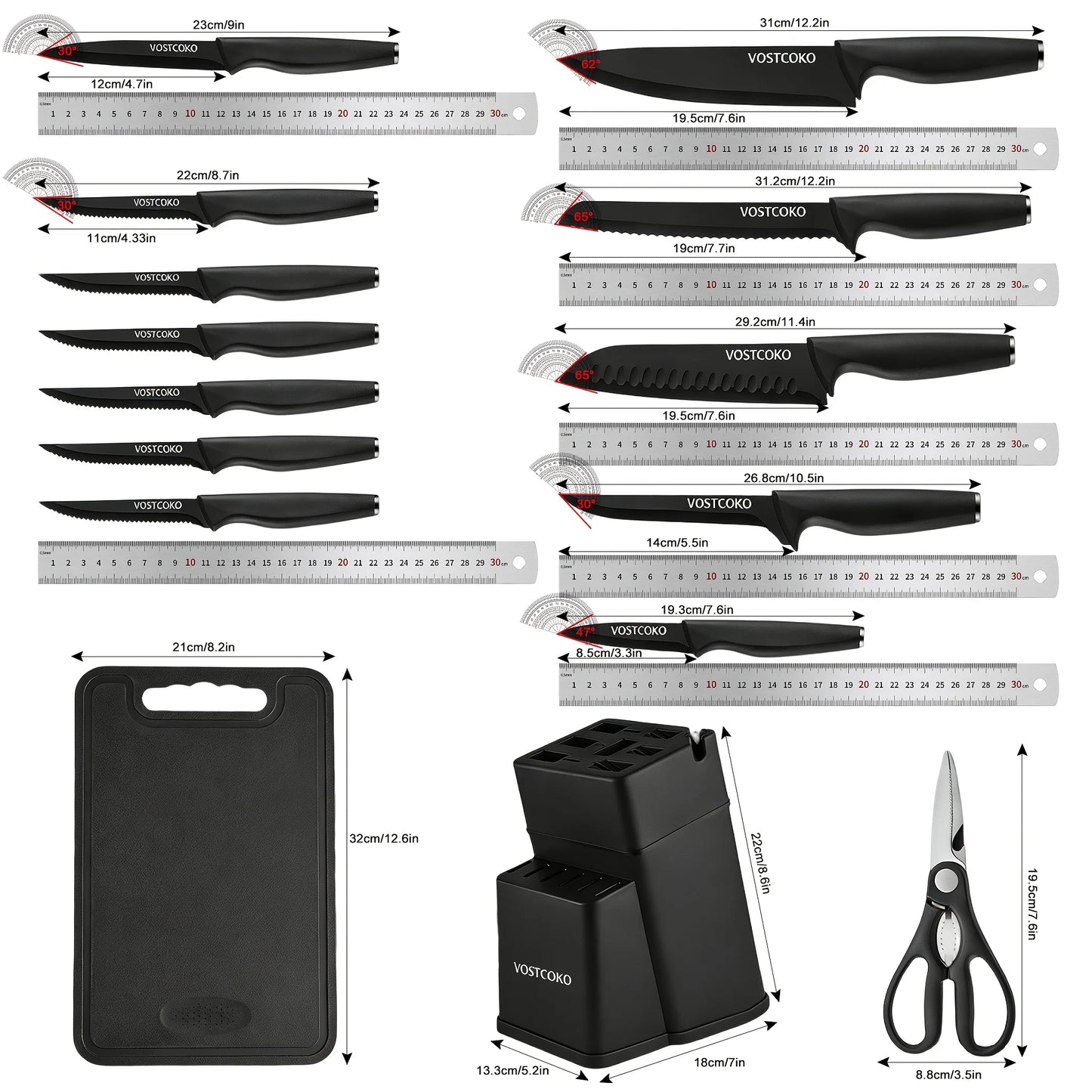 15pcs Professional Black Kitchen Knife Set, Including A Cutting Board, Chef's Knife with Non-slip ABS Handle, Plastic Cutting Bo