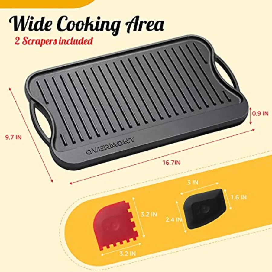 Pre-seasoned 17x9.8" Cast Iron Reversible Griddle Grill Pan with handles for Gas Stovetop Open Fire Oven One tray Scrapers Incl