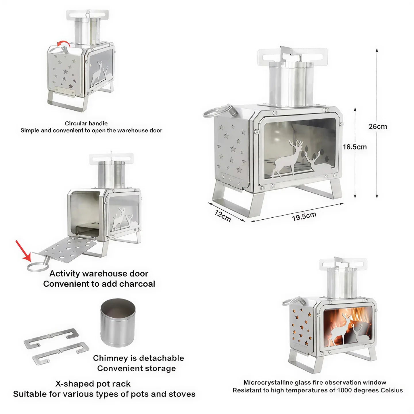 Portable Stainless Steel Foldable Square Outdoor Firewood Burner Stove for Picnic Hiking Camping Outdoor Kitchen Accessories