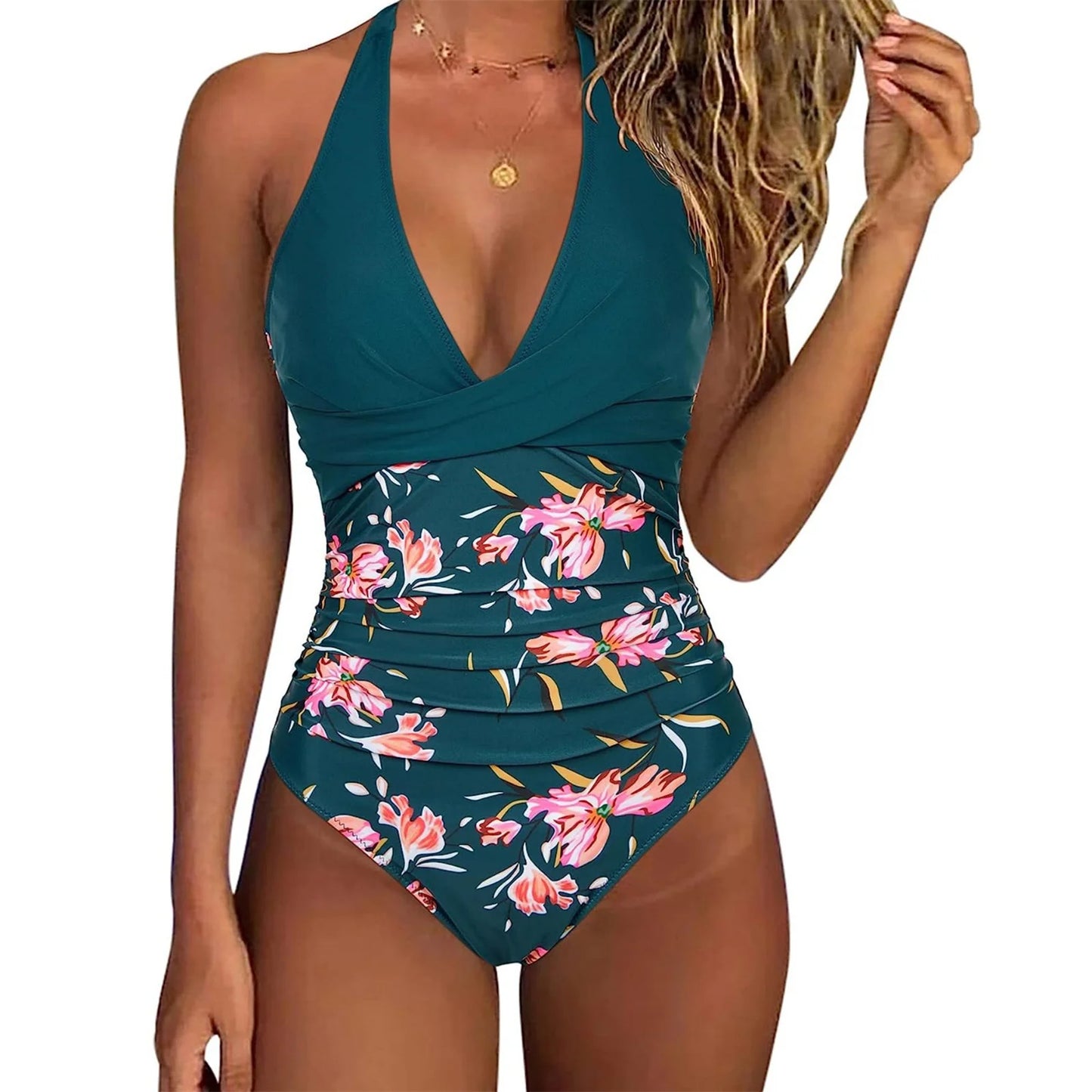 Tummy Control Swimsuit Summer Sexy Cross Front Striped One Piece Beach Halter Neck Ruched Backless Color Block Bathing Suit