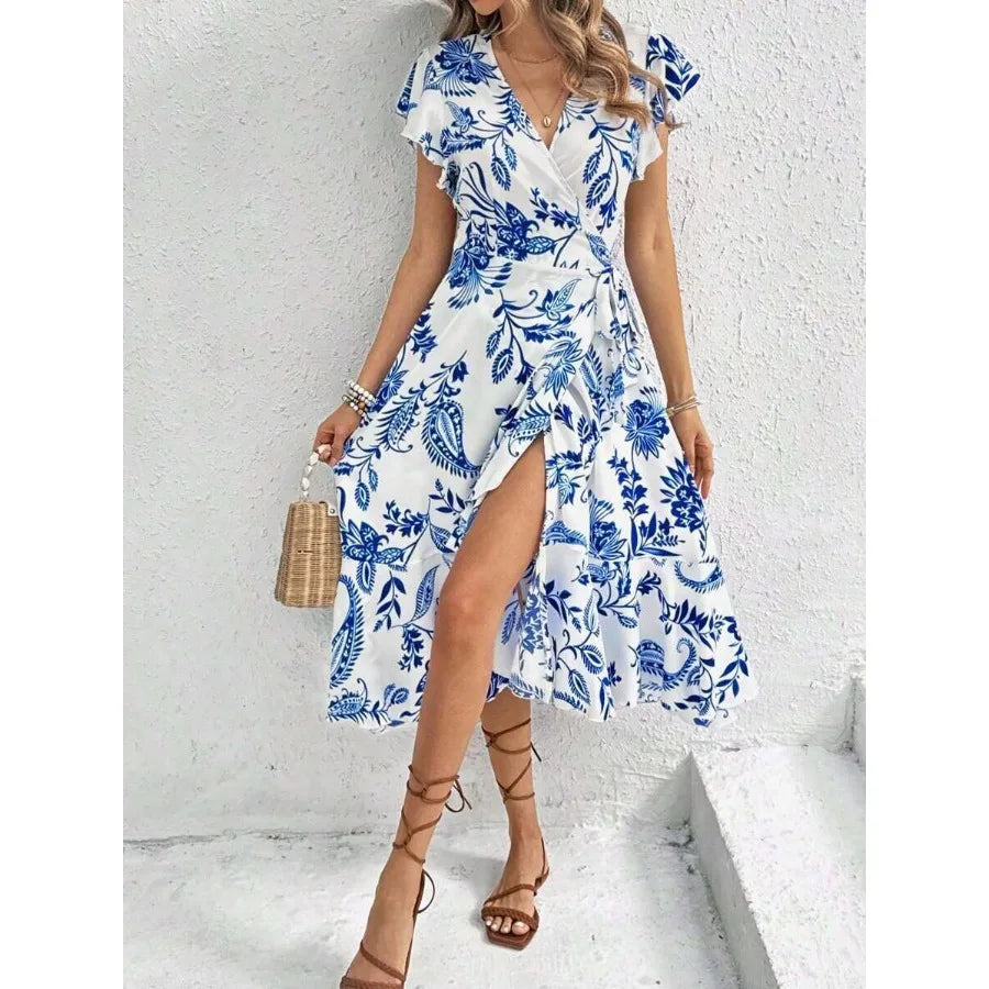 【New style】Women's Floral Printed Wrap Style Midi Dress Maxi Women Outfit