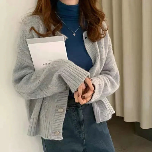 Korean Style Button Knit Cardigan Retro Solid Color Long Sleeved Sweater Women's Casual Knitted Jacket Autumn Loose Cardigan