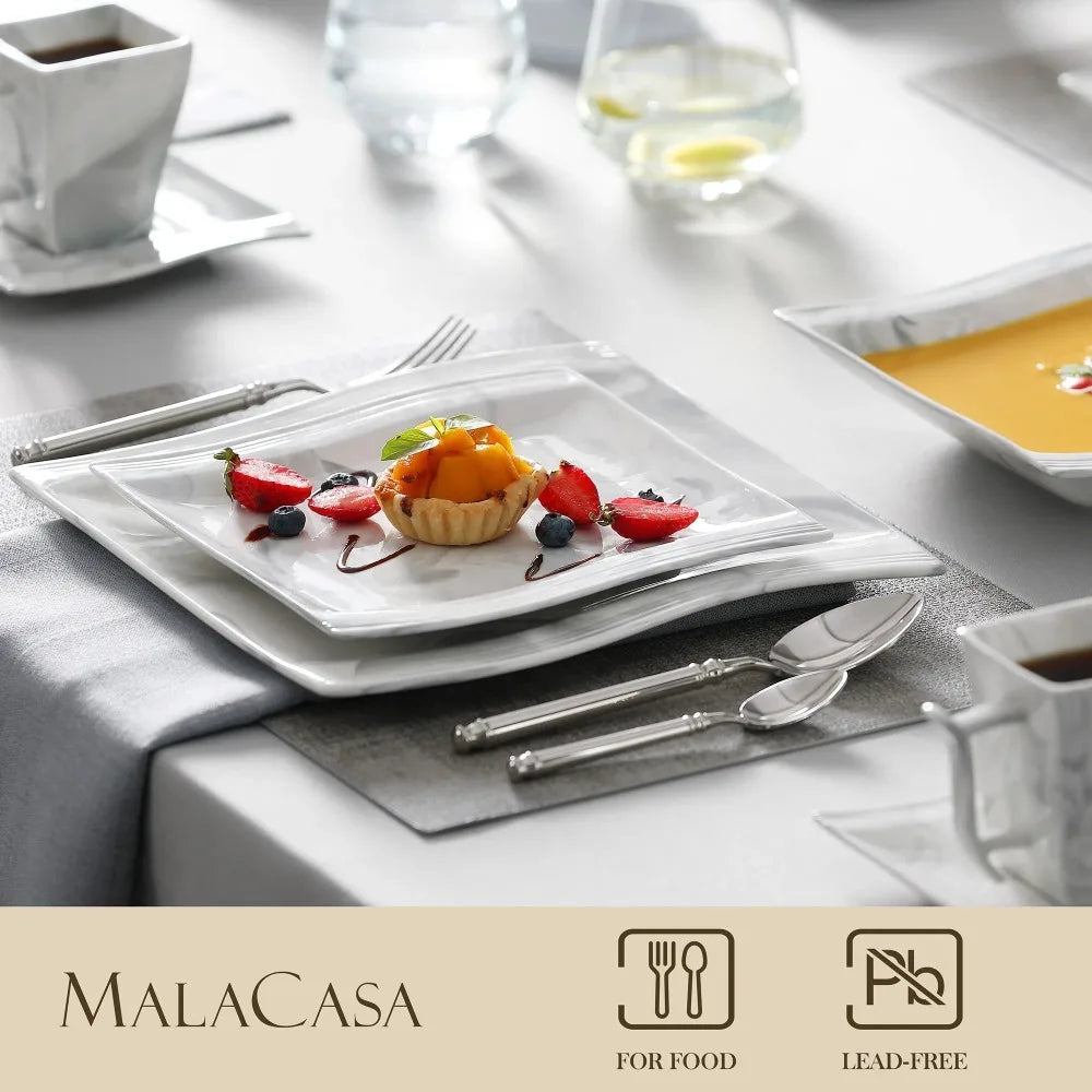 MALACASA FLORA 30PCS Marble Porcelain Dinnerware Set with 6 Piece Dinner Plate Dessert Plate Soup Plate Cups &Saucers