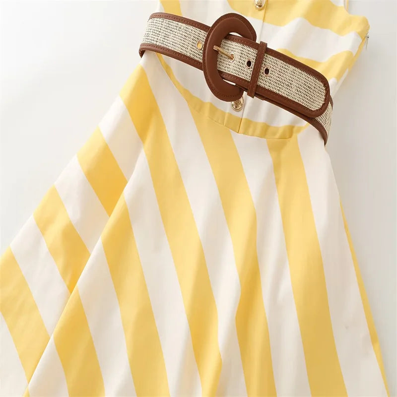 Women's Dress 2026 Summer New Fashionable Sleeveless Backless Camisole Striped Dress Belt Long Elegant Party Dresses