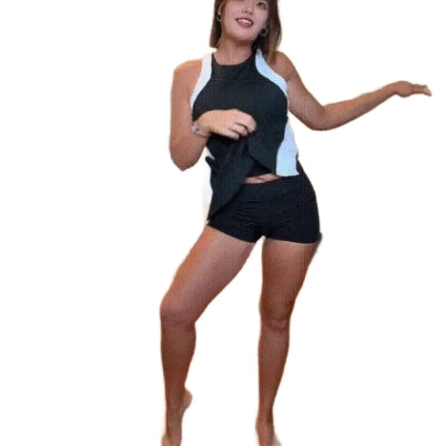 【New style】European and American - sleeveless color contrasting slimming sports dress open-back fashion hot girl style