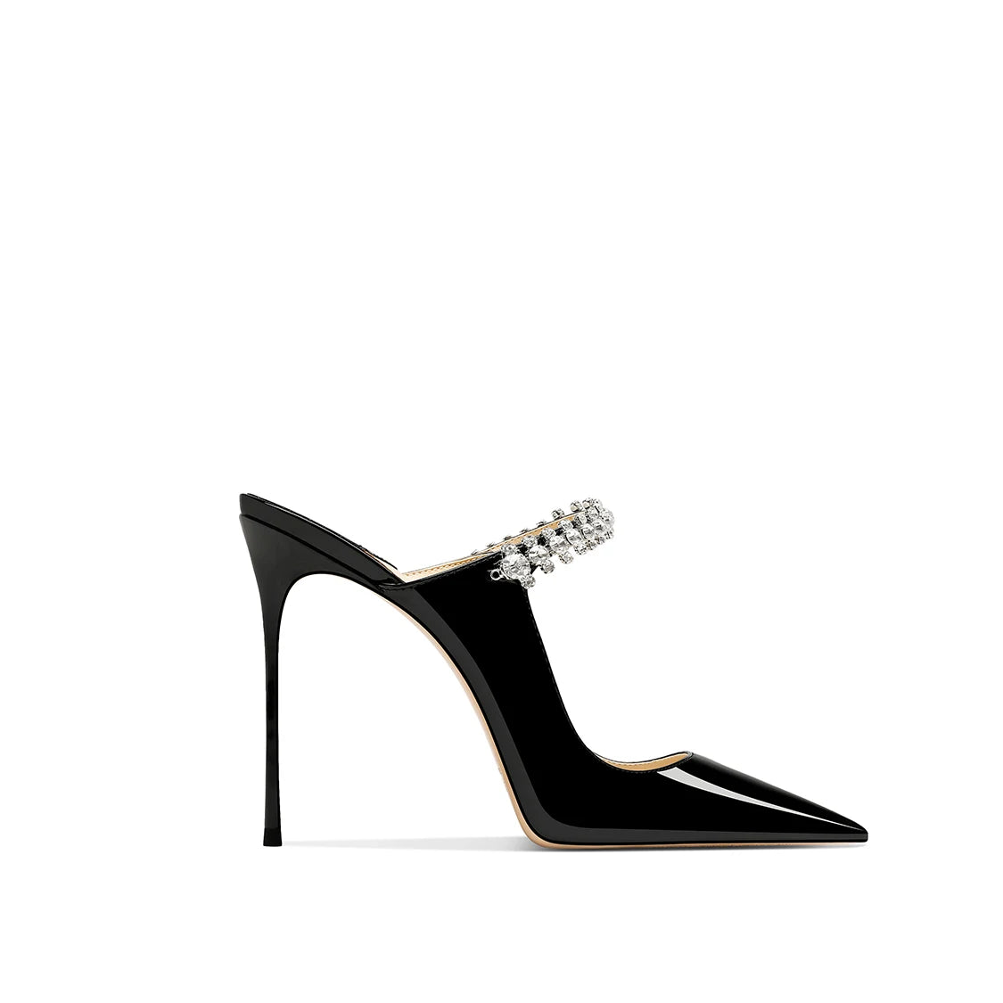 2026 White Patent Leather Temperament Rhinestone with Skirt Pointed Head Stiletto High Heels Women