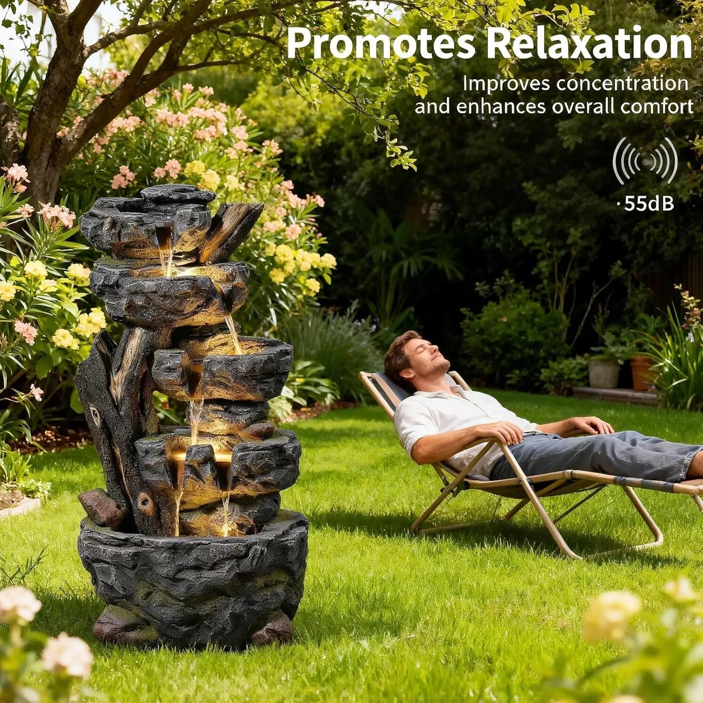 Large Water Fountain Outdoor - 5 Tiers Cascade Floor Standing Rock Wood Like Waterfall Fountain with LED Lights, Custom