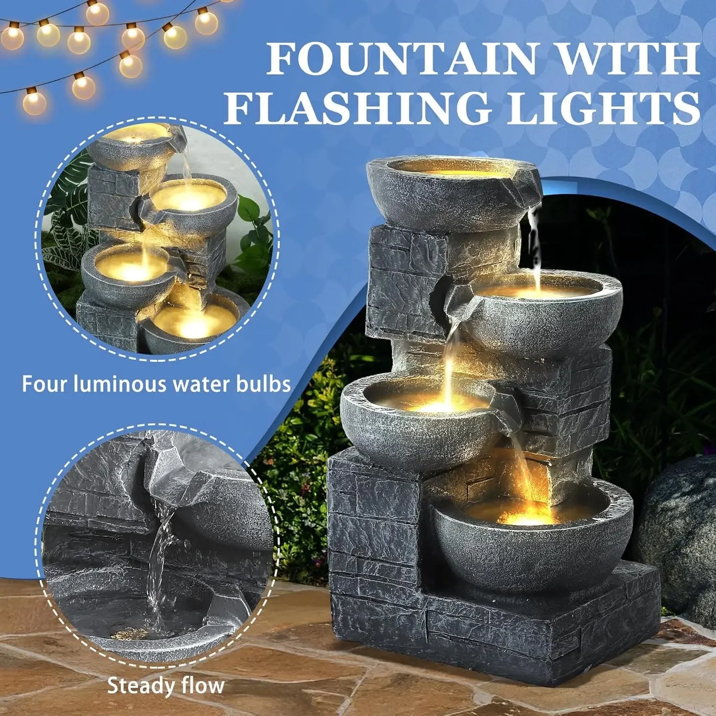 Outdoor Water Fountains with Cascading Bowls, 4-Tiers Fountains and Waterfalls w/LED Lights,Indoor Morden Floor Standing Resin W