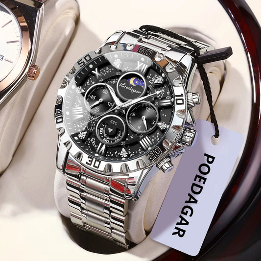 POEDAGAR Luxury Man Watch Waterproof Luminous Stainless Steel Quartz Men's Wristwatch Chronograph Military Watches For Men Reloj