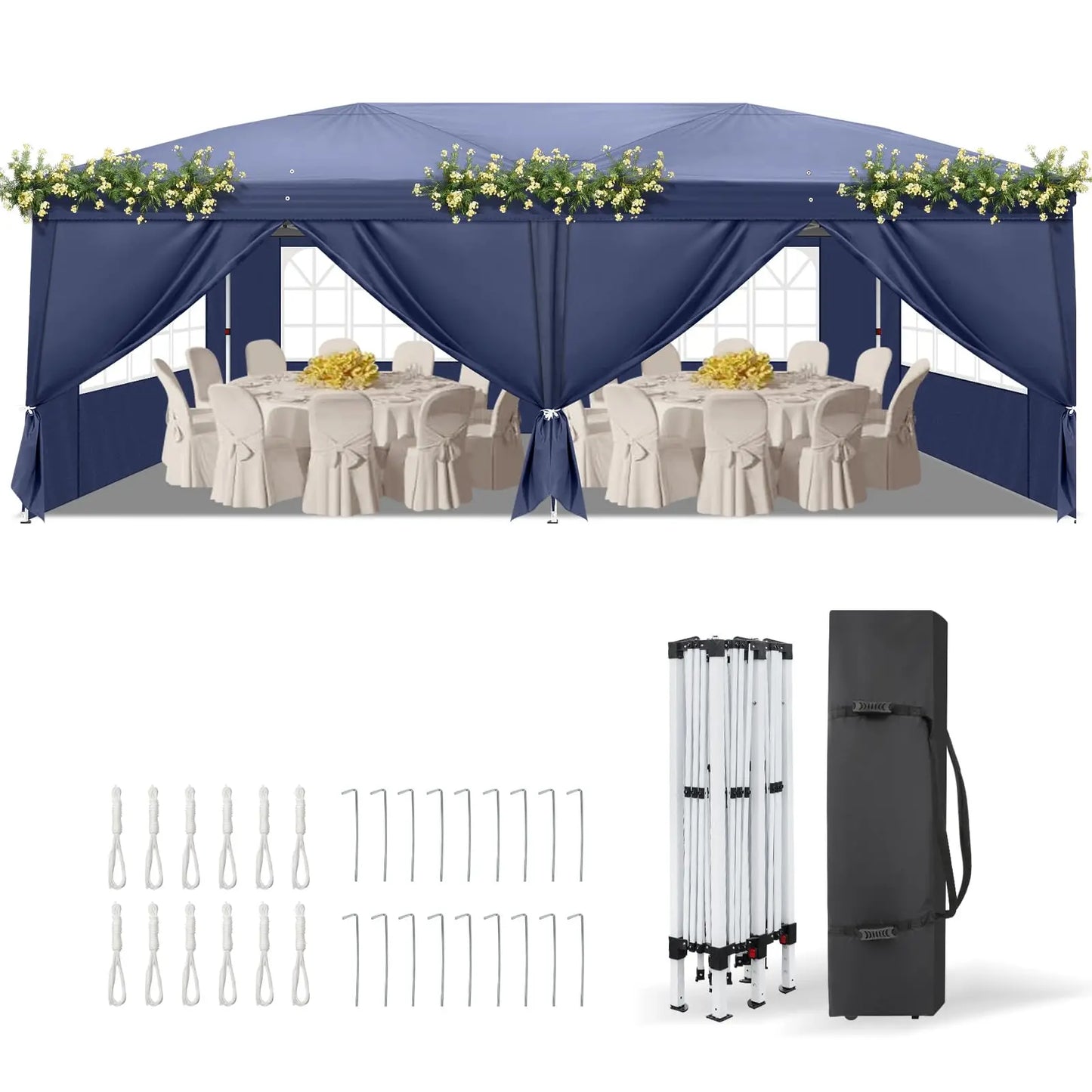 VINGLI 10x20 ft Pop Up Canopy Tent with 6 Sidewalls with Carry Bag, Outdoor Canopy Patio Event Tent Commercial Canopy(Black)