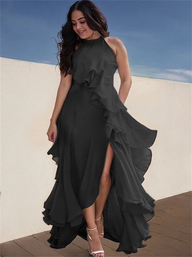 Modigirl Party Long Black Dresses for Women Loose Sleeveless Layered Ruffle Trim Split-Front Elegant Wedding Prom Maxi Dresses