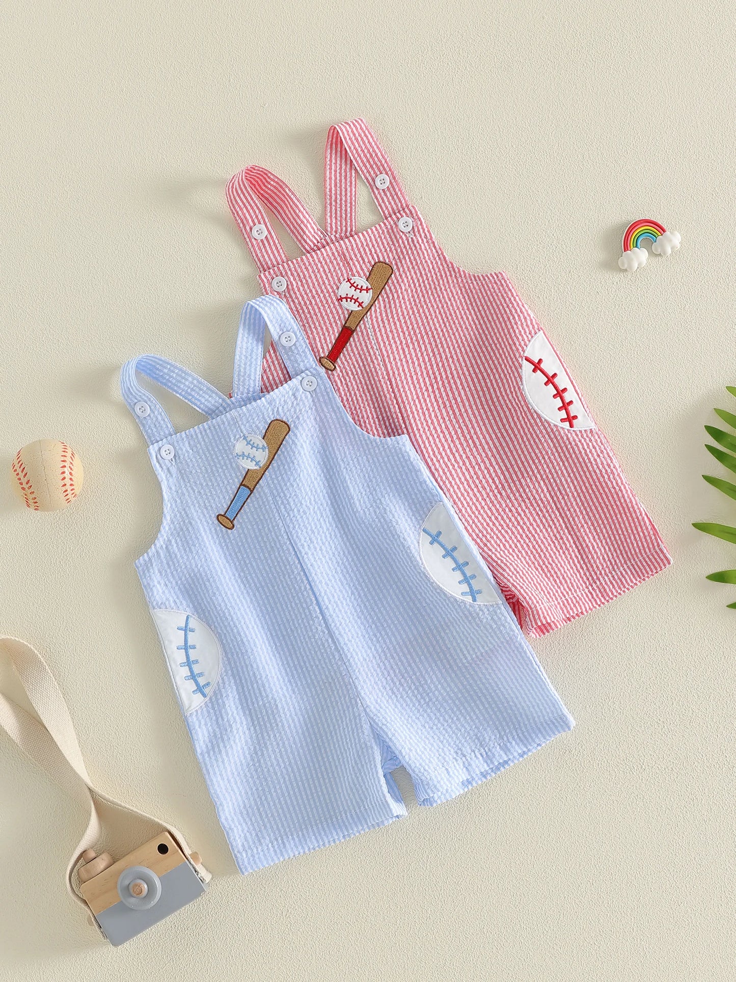 Cute Toddler Boys Summer Romper with Fun Soccer Embroidery Striped Design and Sleeveless Square Neck - Perfect for Playtime