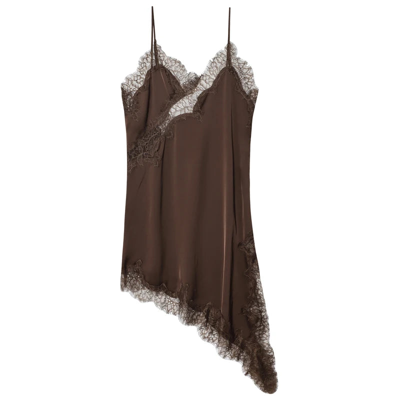 HXAO 2025 Women's Lace Asymmetric Dress Sexy Midi Slip Dress Chic Sleeveless Backless Vestido Luxury Women's Elegant Party Dress