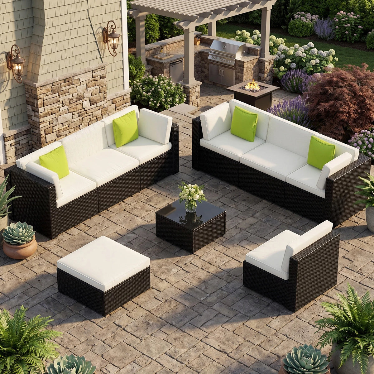 10/9 Piece Modular PE Wicker Patio Conversation Set, Outdoor Sectional Sofa with Removable Thick Cushions, Glass Top Coffee Side Tables, All Weather Rattan Furniture for Backyard Poolside Garden Deck