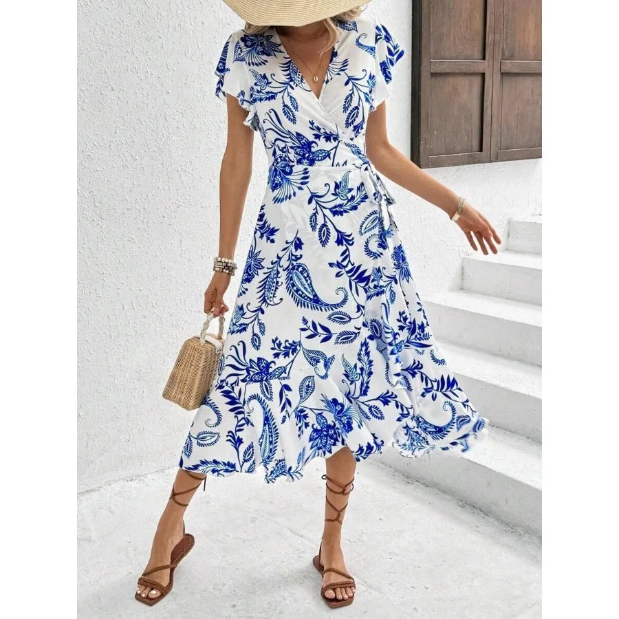 【New style】Women's Floral Printed Wrap Style Midi Dress Maxi Women Outfit